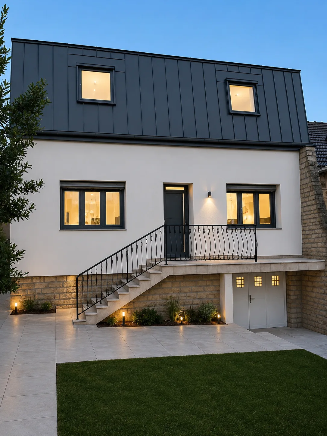 Maison rénovée par BÂTI 360 — toiture zinc, métallerie et aménagement extérieur